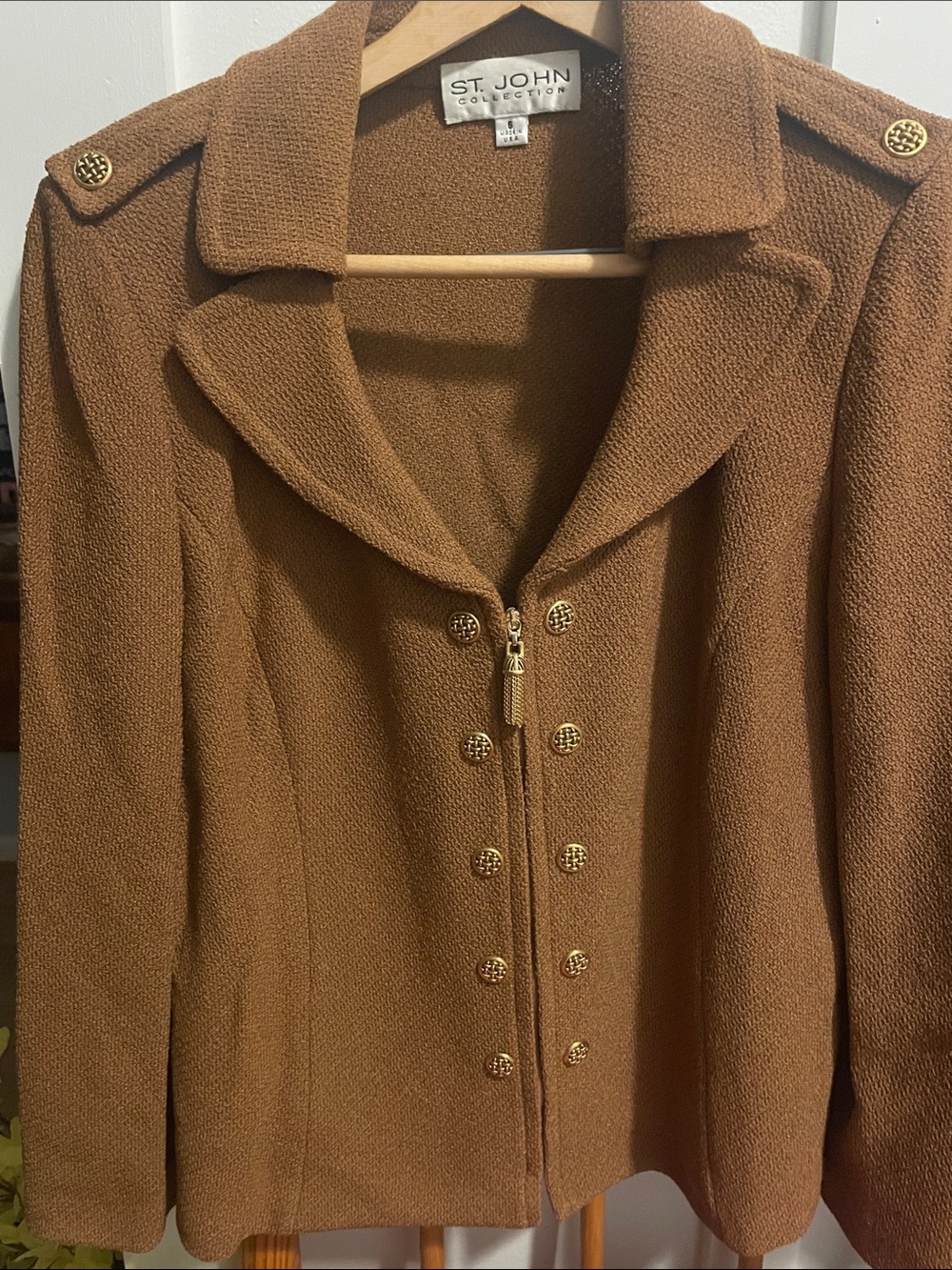 St. John Collection Camel Brown Knit Zip Jacket with Gold Buttons